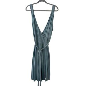 Enza Costa Sleeveless Blue Smocked Waist Wrap Dress With Tie Belt  V-Neck Womens